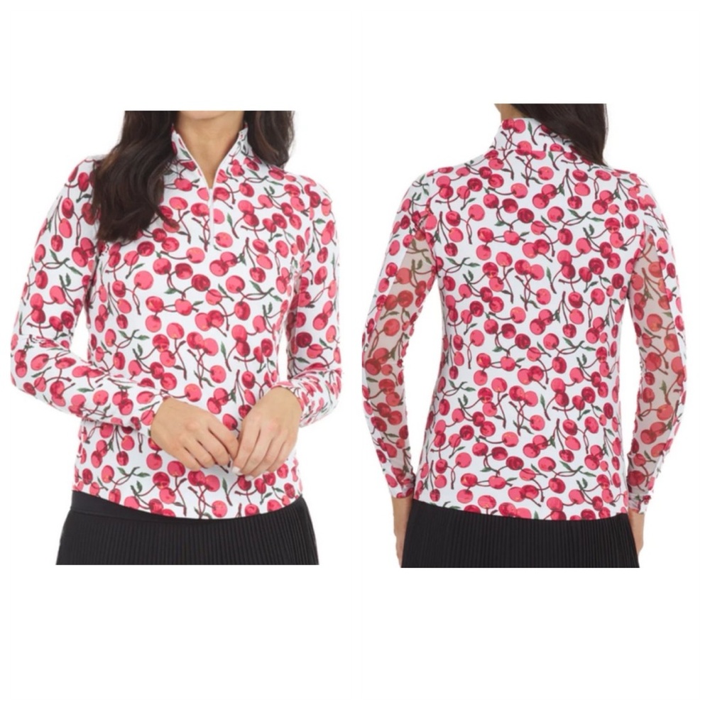 IBKUL Cherry Print Long Sleeve 1/4 Zip Mock Neck XL tennis golf pickleball